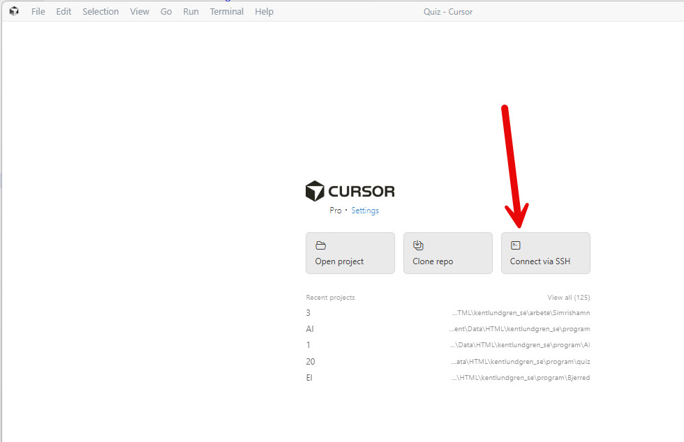 Cursor startsida med Connect via SSH