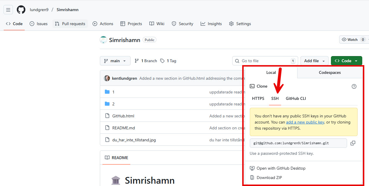 GitHub visar val mellan HTTPS och SSH vid kloning
