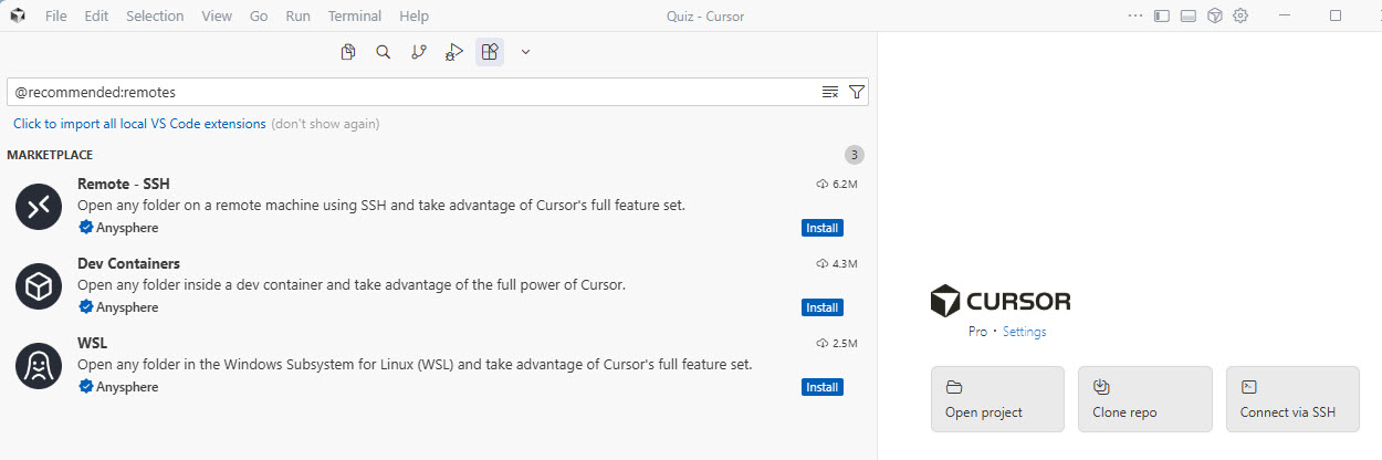 Cursor Marketplace SSH-tillägg